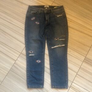 PAIGE Blue Ankle Cropped Jeans with Distressed Details